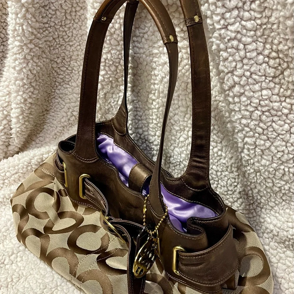 Coach Hobo Bronze Leather Signature Op Art Tote Bag With Hang Tags Y2K - Picture 6 of 16